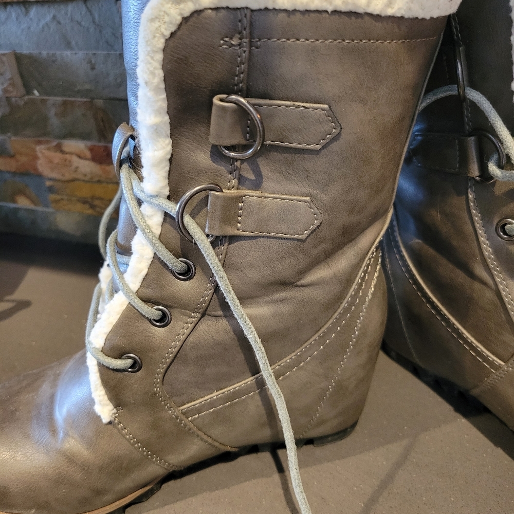 Wedge Lace Up Boots - Size 8, Dark Grey, Like NEW!